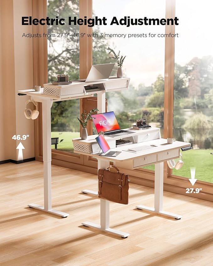 FiCiHi Electric Standing Desk with Four Drawers, Adjustable Height Sit Stand Desk, C-Clamp Compatible Home Office Desk with Storage Shelf & Monitor Stand Riser, 40 x 24 Inch, White