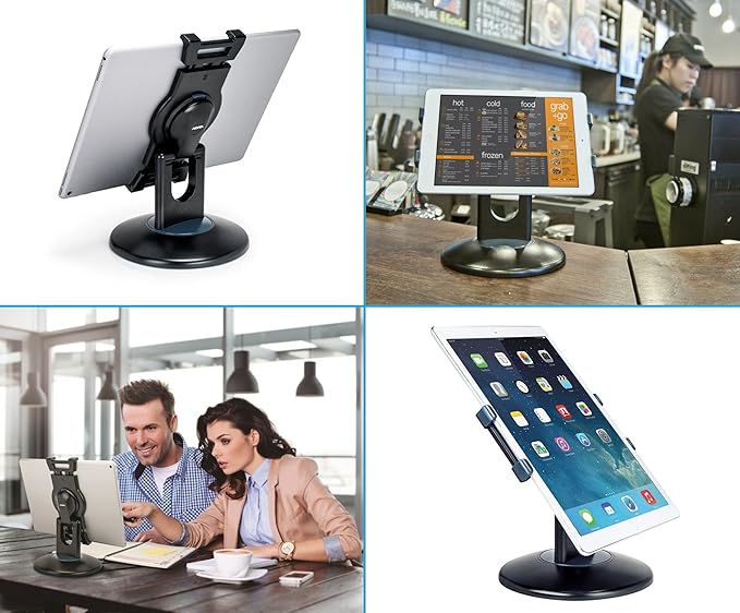 Premium 360° Rotating Tablet Stand for Desk – Adjustable Tablet Holder for 7.9” to 13” Devices, Swivel Weighted Base, Sturdy Black Metal iPad Stand for Office, Home, and Retail Display