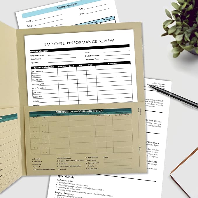 HR Folders for Employee Files – 25-Pack Heavy-Duty Manila Folders with Preprinted Personnel Forms and Labels, 9.5 x 11.5 Letter Size, 2 Internal Pockets, Secure Document Storage