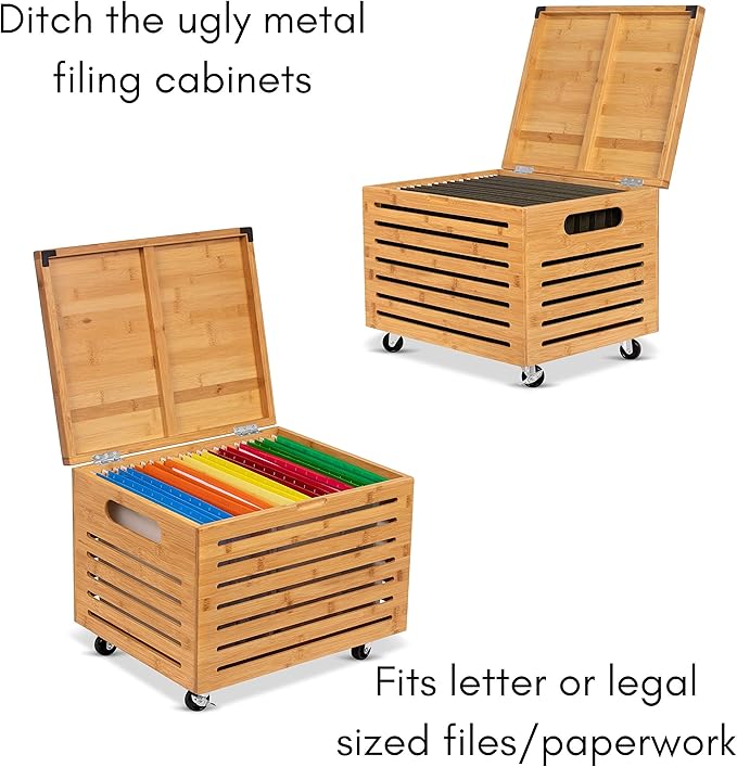 BIRDROCK HOME Rolling File Storage Organizer Box with Lid (New Version) - Bamboo Decorative Wood Hanging File Box for Letter/Legal Documents, Binders, Blankets - Durable Office Organizer - Natural