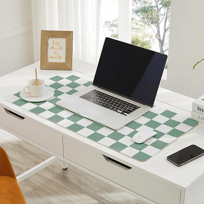 Ohocut Checkered Desk Mat, Large Cute Aesthetic Retro PU Leather Computer Laptop Desk Mat, Non-Slip Waterproof Mouse Keyboard Pad, Desk Writing Mat for Work/Home (Sage, 31.5" x 15.7")