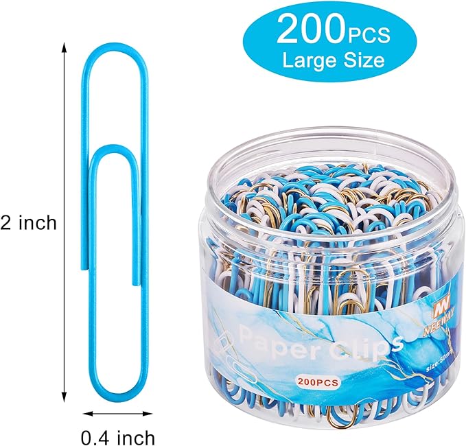 NEEWAY 200pcs Large Blue Paper Clips, 2 Inch Jumbo Paper Clip, Ceative Colored Paperclips for Paperwork Office School and Personal Use
