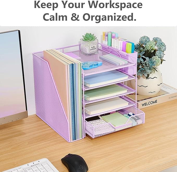 Gugsey Desk Organizer, 5-Tier Paper Letter Tray Organizer with File Holder, Drawer and Pen Holder, Desktop Organizer for Office Supplies, Purple