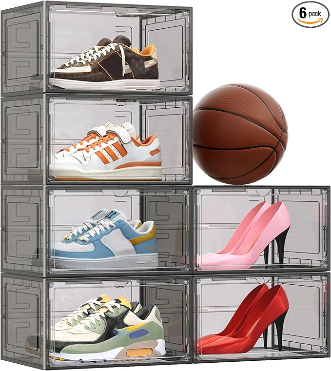 TOFWOF 6 Pack XX Large Shoe Organizer, Heavy-Duty Hard Thicken Plastic Clear Stackable Shoe Storage Box Organizer for Closet, Space-Saving Shoe Rack Display Case Bin Containers for Sneakers, Grey