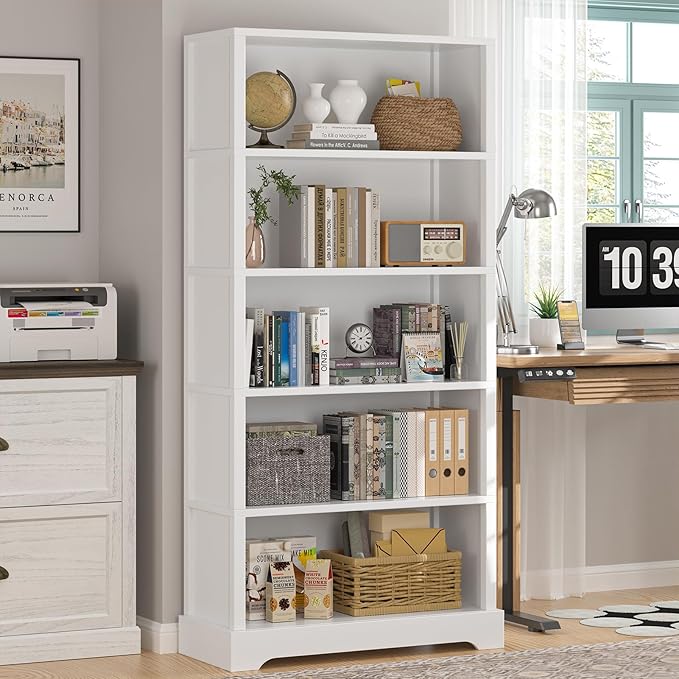 TVU 5-Tier Wooden Book shelf, 65"H × 31.5"W × 9.9“D Bookshelf with Storage, Floor-Standing Display Bookcase, Farmhouse Style Bookshelf with Arched Base, Suitable for Living Room, Study, Office, White