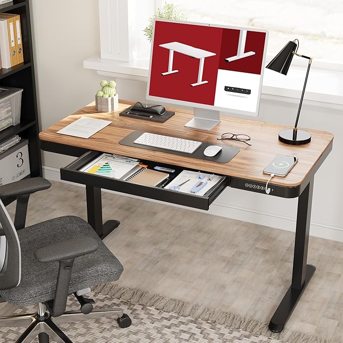 Standing Desk with Drawer, Electric Height Adjustable Home Office Desk with Storage & USB Ports, 48 inch Black Walnut Wood Tabletop/Black Frame