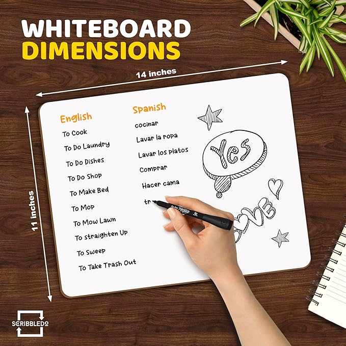 Scribbledo White Board Dry Erase Board 11" x14” Mini Double Sided Personal Whiteboard Board Dry Erase Lapboard Handheld Personal White Boards for Students Small Whiteboard Office Kitchen