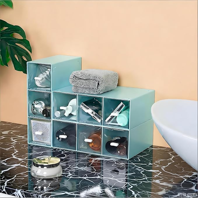 OSteed Desktop Drawers, Desk Organizer with 9 Drawers, Stackable Plastic Storage Box for Home Collection, Cosmetics, Jewelry, Office Supplies (3 Tiers, Blue)
