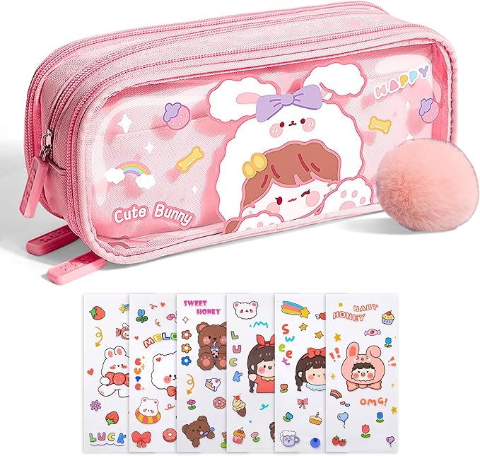 UINSUE Cute Pen case Adorable Bunny Transparent 3-Layer Large Capacity Pencil Case Gadget organizer with Lovely Stickers (Pink-Bunny)