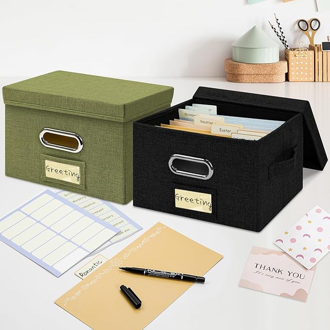 Remowith Greeting Card Organizer and Storage Box with 40 Pcs Adjustable Dividers, Storing Cards with 168 Pcs Labels Perfect for Storing Greeting Cards, Envelopes, Photos 2 Pack Black