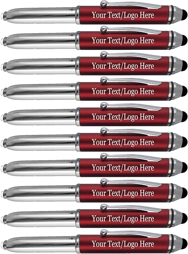 Promotional Pens with your Personalized Text or Custom Business Logo- Bulk 150 Pack- for Marketing, Parties, and Events, 3 in 1 LED Flashlight + Ballpoint Pen + Stylus for Touchscreen Devices, Red