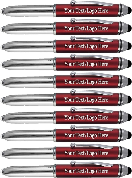 Promotional Pens with your Personalized Text or Custom Business Logo- Bulk 150 Pack- for Marketing, Parties, and Events, 3 in 1 LED Flashlight + Ballpoint Pen + Stylus for Touchscreen Devices, Red