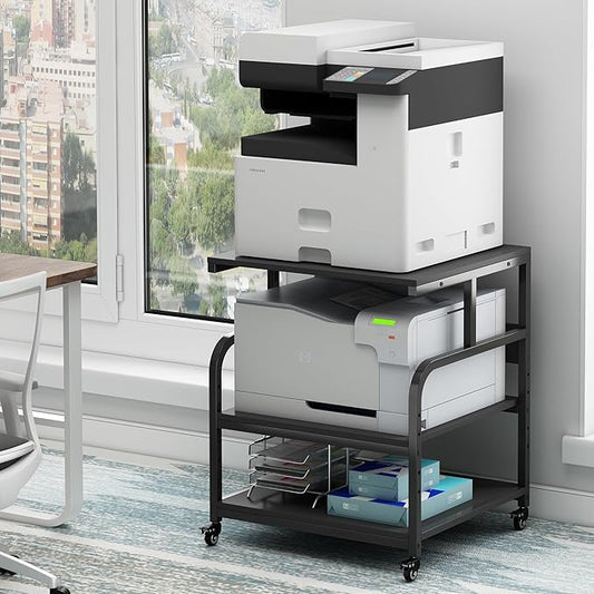Fannova 25.6" x 23.6" Extra Large Printer Stand Table with Adjustable Storage Shelf, 3 Tier Rolling Printer Cart with Industrial Wheels for Home Office, Black