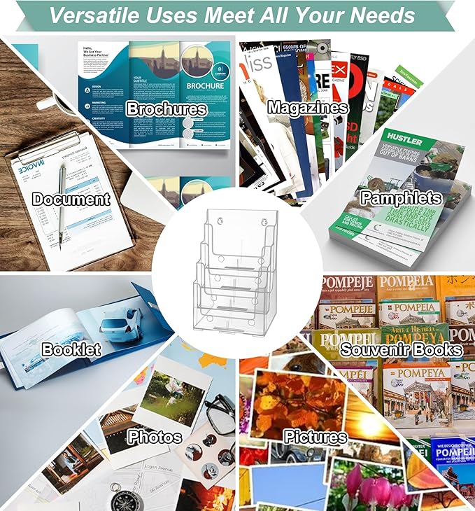 Argvey Acrylic Brochure Holder 8.5 x 11 inches, 4 Tier Clear Brochure Display Stand with Removable Divider for Trifold 4 Inches Wide Pamphlet, Plastic Flyer Holder for Magazine, Literature, Booklet