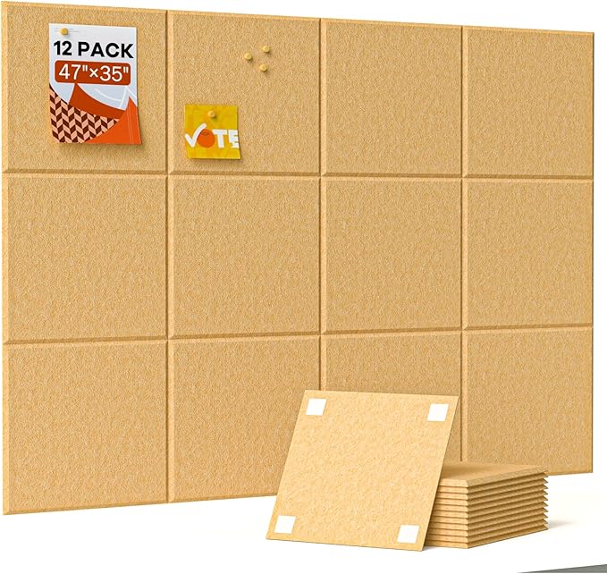 Large Cork Boards for Walls, 47"x35" Bulletin Board, 12-Pack Felt Wall Tiles with 60 Adhesive Tabs, Cork Boards for Office Decor, Felt Board Alternative Pin Board