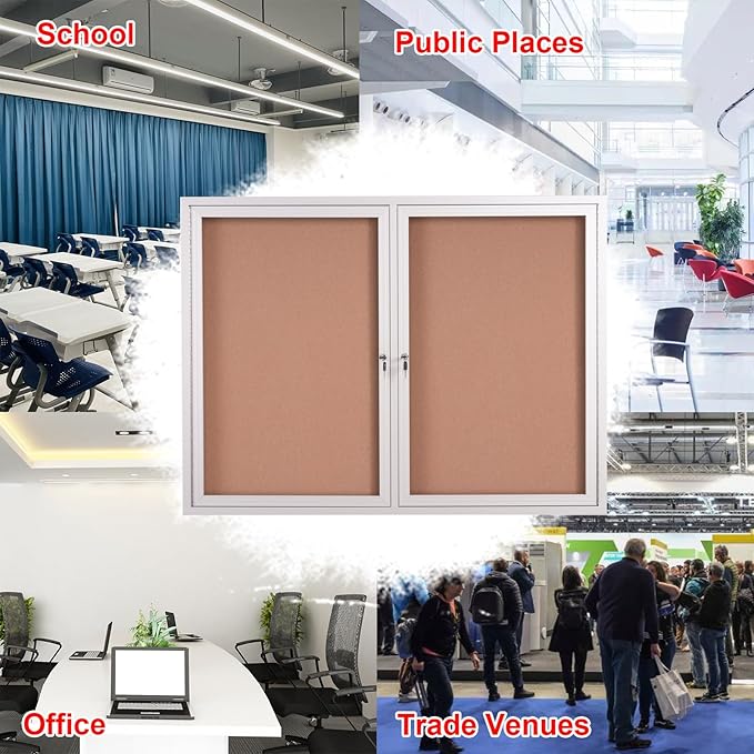 48x36 Inch Lockable Enclosed Bulletin Board, Weather-Resistant Outdoor Noticeboard with 2 Locking Doors, Wall-Mounted Silver Aluminum Frame & Cork Presentation Board