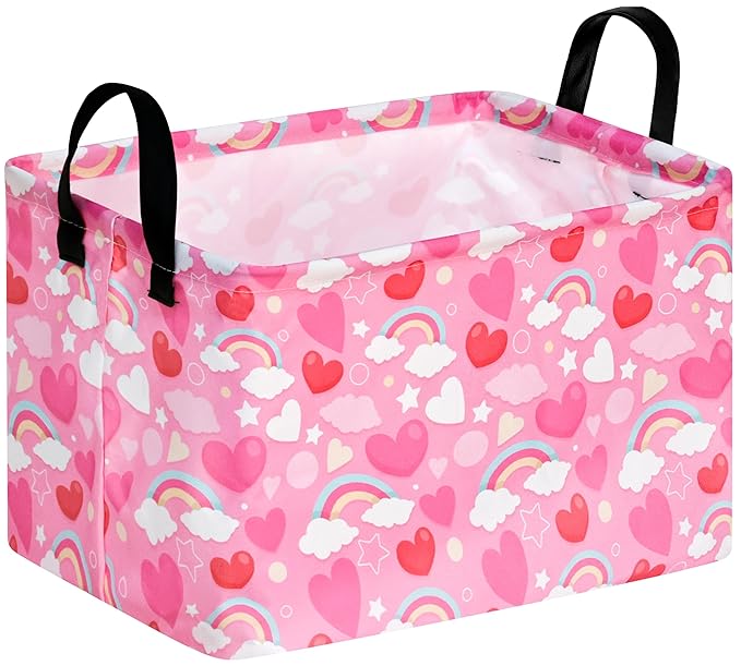 FUULOXE Rectangular Valentines Basket Storage Bin for Shelves Girls Gifts Baskets Foldable Box with Handles for Home Office Car Dormroom Valentine's Day Party Supplies