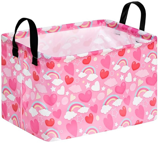 FUULOXE Rectangular Valentines Basket Storage Bin for Shelves Girls Gifts Baskets Foldable Box with Handles for Home Office Car Dormroom Valentine's Day Party Supplies