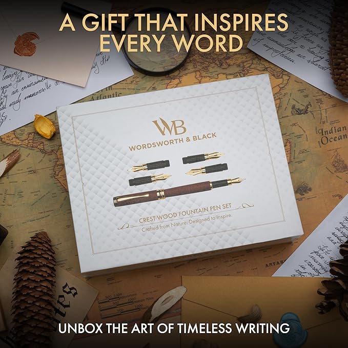 Wordsworth & Black Fountain Pen Gift Set, Includes Ink Bottle, 6 Ink Cartridges, Ink Refill Converter, 4 Replacement Nibs, Luxury Bamboo, Journaling, Calligraphy, Smooth Writing Pens [ Rosewood]