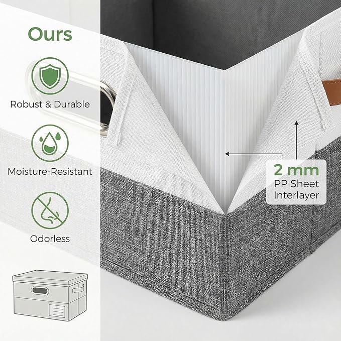 PRANDOM Storage Bins with Lids [3-Pack] Linen Fabric Foldable Storage Boxes Organizer Containers Baskets Cube with Cover for Bedroom Closet Office Grey&White（11.4X8.6X6.7