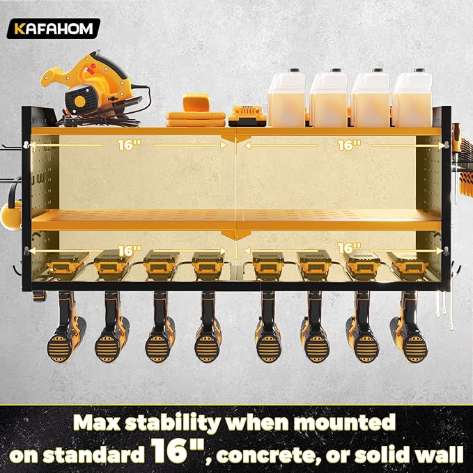 KAFAHOM Power Tool Organizer，Large 8 Drill Holder Wall Mount ，Heavy Duty Metal Tool Shelf with 12 Hooks Storage Rack for Garage Organization，Utility Cordless Drill Holder and Battery Shelves