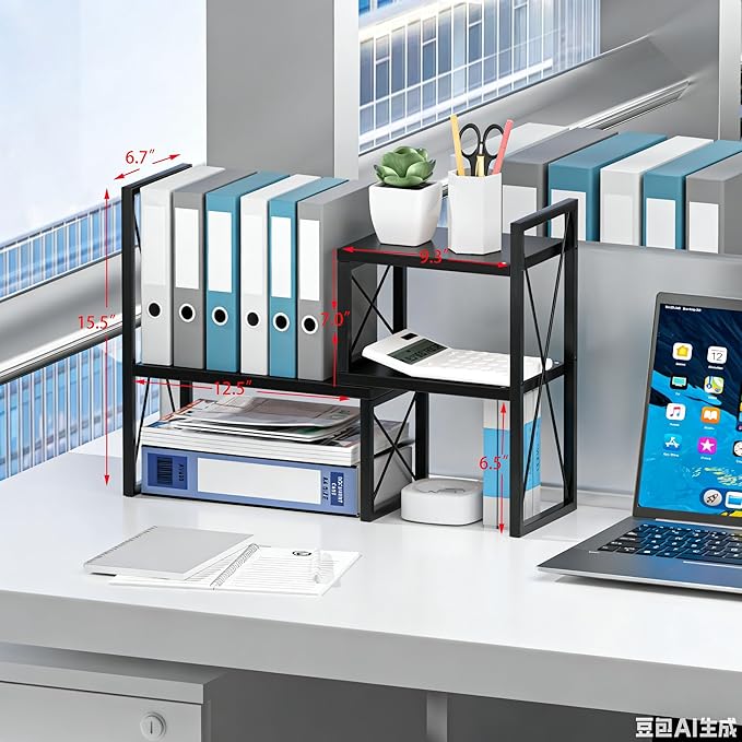 Yelinkws Desktop Shelf Organizer,Small Bookshelf for Office,Wood Desk Top Shelves, Office Organization and Storage (Black)