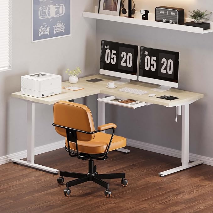 FLEXISPOT L Shaped Standing Desk, 63 x 55 Inch Electric Height Adjustable Corner Desk, Sit Stand Computer Workstation, Preset Controller, Home Office, White Frame with Maple Top, White Drawer