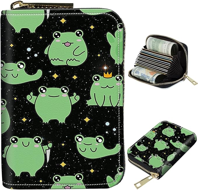 BWEGRHE Cute Credit Card Holder with Zipper, Princess Frog RFID-Blocking Card Case Small Wallet for Women Men, Multi-slot Card Organizer Case Travel Accordion Wallet