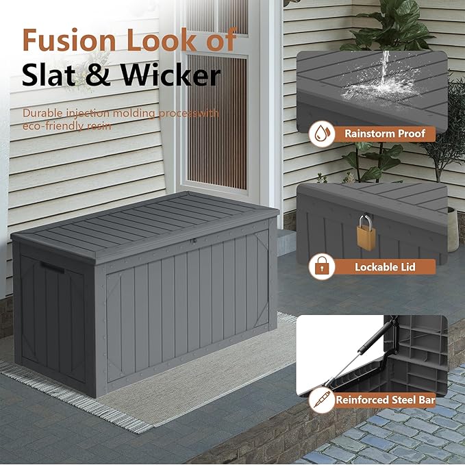 Decksplore 100 Gallon Outdoor Storage Box Waterproof, Lockable Resin Deck Box Patio Storage Bin for Pool Accessories Cushion Furniture, Garden Tools, UV-Resistant Outside Delivery, Grey