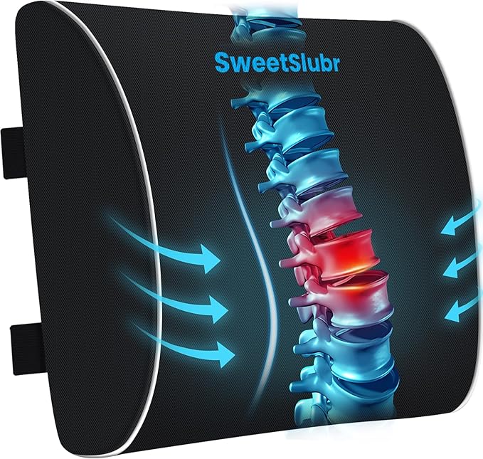 SweetSlubr Large Lumbar Support Pillow for Office Chair, Car Seats and Home Desks, Ergonomic Back Support with Double Adjustable Straps, Machine Washable Cover, Black