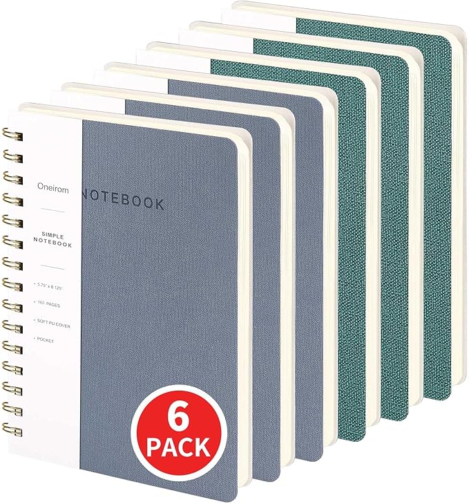 Spiral Notebook-5.75" x 8.125" College Ruled Journal with Inner Pockets and 160 Pages,PU Leather Cover Business Journal, Twin-Wire Binding Notebook Perfect for Office & Home School Supplies 6 pack Reefblue/Green