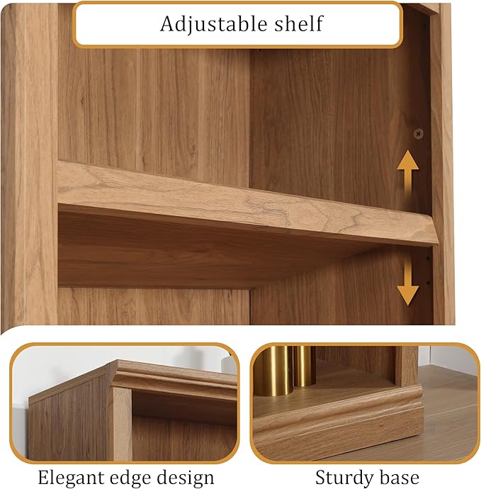 blini 5-Shelf Tall Bookcase Wooden Bookshelves 33in Wide Floor Standing Display Storage Book Shelves 70 in Oak Bookcase for Home Office, Living Room, Bed Room