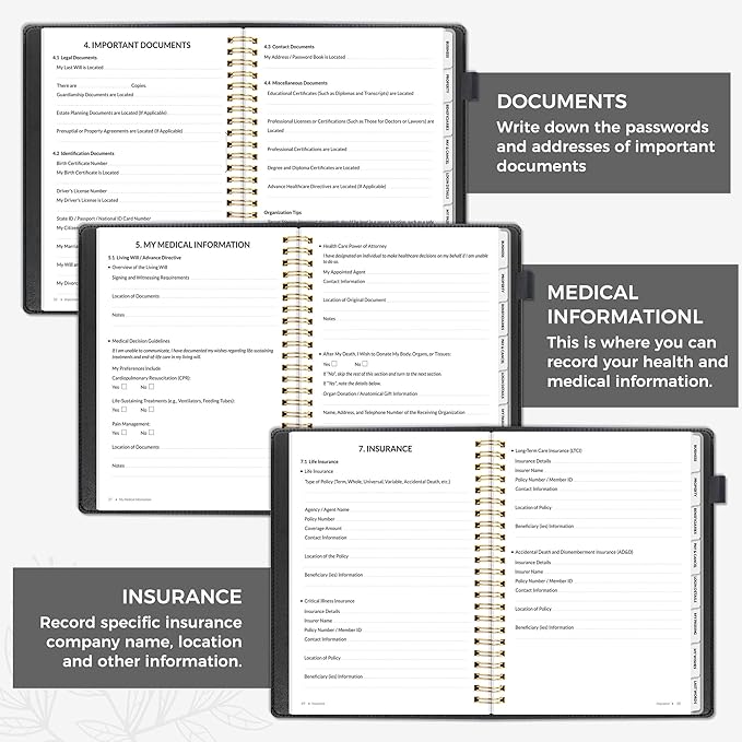 SUNEE End of Life Planner - I‘m Dead Now What Planner, Large Print Spiral-Bound Estate Organizer with Tabs for Seniors & Family. Covers Final Wishes, Passwords & Funeral Planning.A5 (6.4”x8.5“),Black