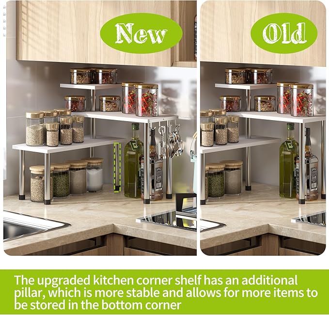 BMOSU Kitchen Corner Shelf Countertop Organizer with Hooks Adjustable Spice Rack Corner Display Rack Shelf Cabinet Counter Shelves(White)
