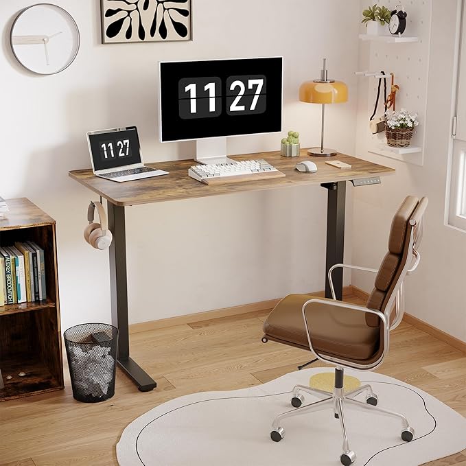 FLEXISPOT One-Piece Electric Standing Desk, 48 x 24 Inches Adjustable Desk with Seamless Desktop, Memory Controller Height Adjustment (Black Frame + Rustic Desktop, 2 Packages)