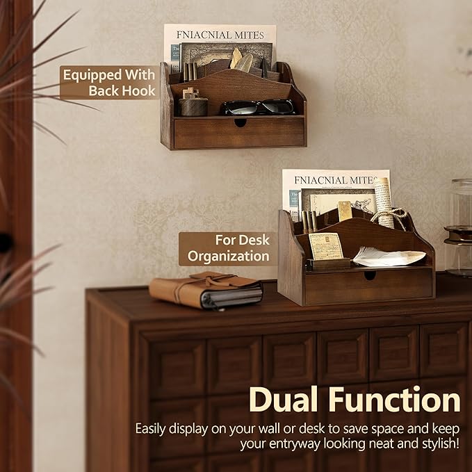 Pine Wood Mail Organizer for Desk - Rustic Mail Sorter with Drawer & Dividers - 4-Slot Mail Sorter for Letters, Files & Small Essentials - Wooden Desk Organizer for Farmhouse Home Decor (Brown)