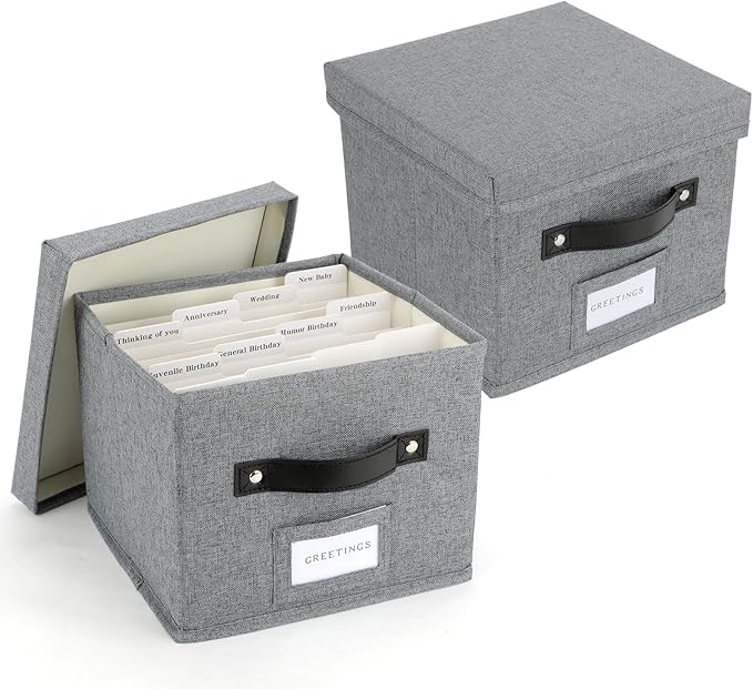 TARSUKA Greeting Card Organizer with dividers - Storage Box with lid Holds 150+ Cards - Assortment Box for Greeting Cards,Recipes, Photos, Envelopes, Keepsake - 9 x 9 x 7 Inches (Gray, 2 pcs)