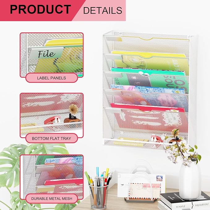 GDINDINFAN Hanging Wall File Organizer 6 Tier Wall Mounted File Holder Document Wall Organizer Magazine Organization for Office Home, Silver