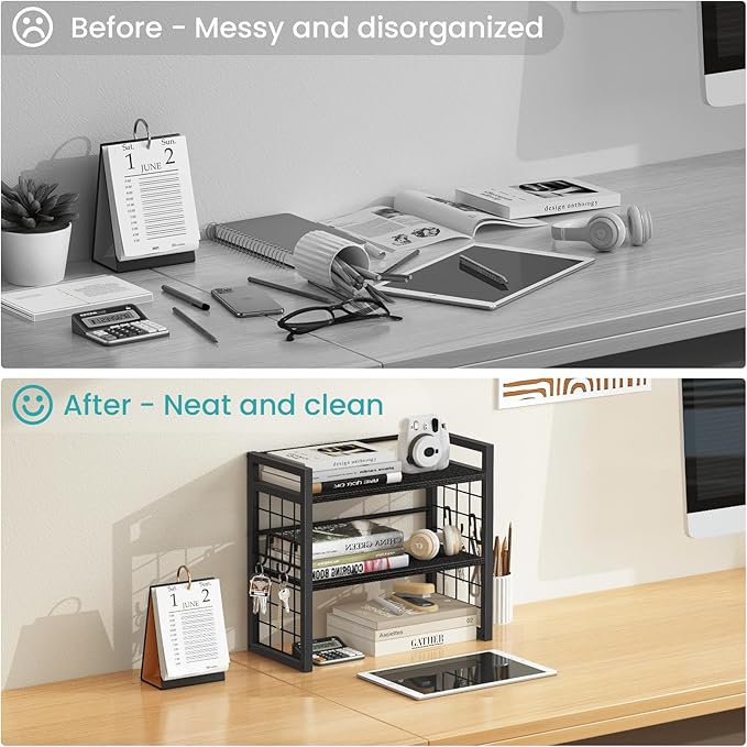 ELITEROO Desk Shelf Organizer, 2 Tier Desktop Bookshelf for Top of Desk Organization, Adjustable Wooden Storage Rack, Table Top Display Shelf for Home Office, Bedroom, Black