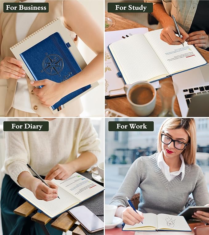 PAIBAS Graph Notebook for Women Men, 160 Pages Grid Paper, Graphing Notebooks for School, Work, Quad Ruled, Inner Pocket, A5 Hardcover Vintage Leather Journals for Writing, 5.8"x8.5" (Navy)