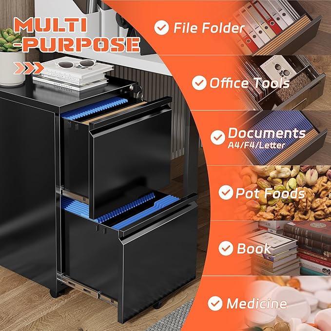 INTERGREAT Mobile File Cabinet with Lock,Under Desk Rolling Metal Filing Cabinet for Home Office, Black 2 Drawer File Cabinets with Wheels for Legal/Letter/A4 File