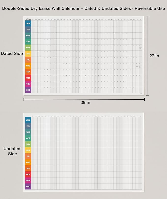 Dry Erase Wall Calendar 2026, 27×39 in — Double-Sided Yearly Planner (Dated & Undated), Reusable Write & Wipe, Large Wall Planner for Home, Office, Classroom — Rolled Poster.