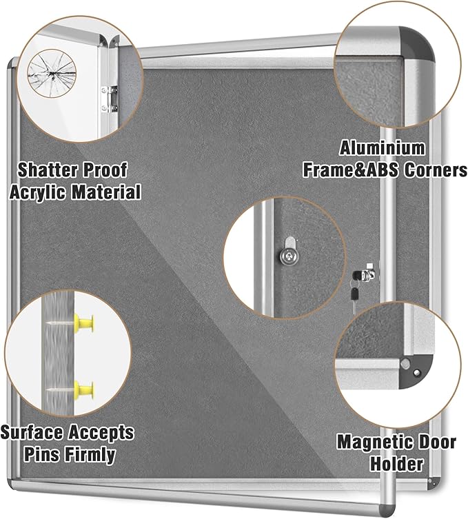 Mifuro 38"x38" Enclosed Bulletin Board, Lockable Weather-Resistant Aluminum Cork Noticeboard for School & Office, Silver Frame w/Grey Flet
