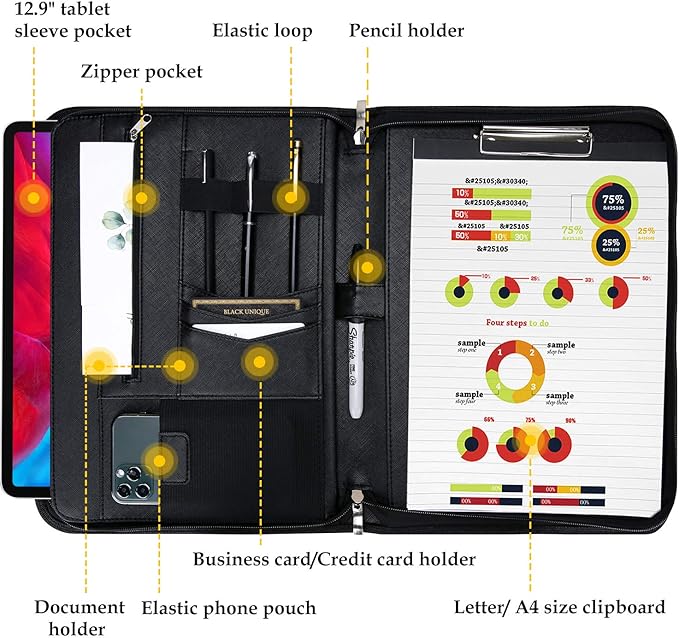 ProCase Portfolio Business Padfolio Folder with Zipper, Conference Meeting Executive File Legal Document Organizer with Pockets Letter Size A4 Writing Pad Notepad Padfolio -Black