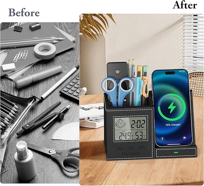 TopMade Wireless Charger with Pen Holder, Leather Desk Nightstand Organizer Home Office Supplies Pencil Holder Fast Charging Station, Digital Thermometer and Humidity Gauge Gifts for Men(Black)