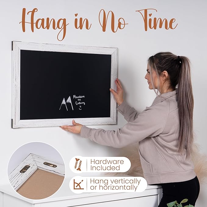 Loddie Doddie Magnetic Chalk Board - 20" x 30", White Rustic Wood Frame - Chalkboard Sign with Erasable Surface - Photo & Note Decorative Magnet Display - Easy Hang Magnetic Boards for Walls