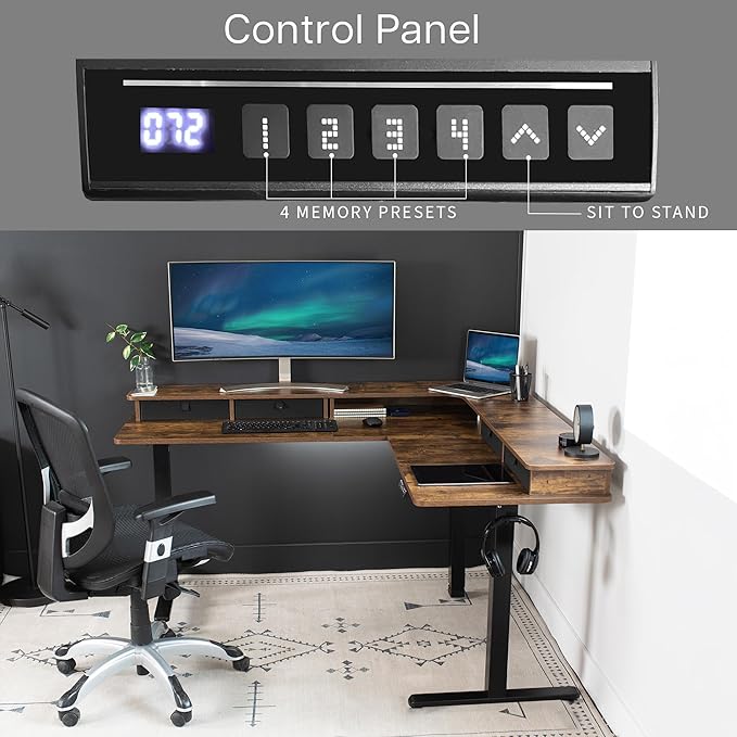 VIVO Electric 2-Tier Corner L-Shaped 63 x 55 inch Standing Desk, Height Adjustable, Memory Controller, Rustic Vintage Brown Top Black Frame, Black Drawers, DESK-E3CVN