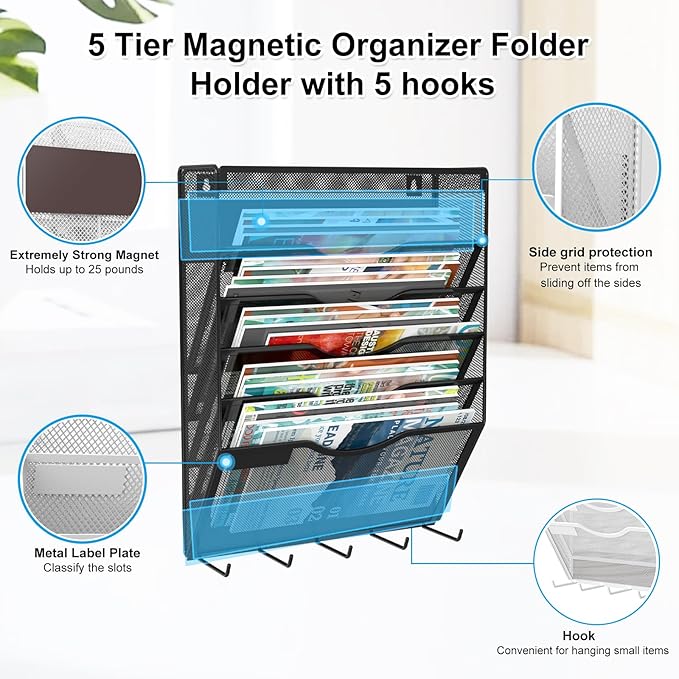 KZWKRG 6 Tier Magnetic File Holder with Hook, Magnetic File Organizer Folder Holder, Wall File Organizer, Hanging Magnetic Paper Holder for File Cabinets, Office, Whiteboard, Magnetic Mail Holder