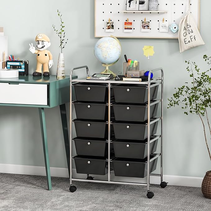 GLACER 10 Drawer Rolling Cart, Storage Cart with Lockable Whieels & Metal Frame, Trolley for Art Craft Oganizer, Mobile Utility Cart for Office, School, Classroom, Kitchen (Black)