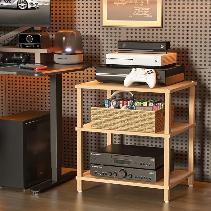 LELELINKY 3-Tier AV Media Player Stand Set of 2, Natural Stereo Cabinet, Wooden TV Stand,Game Console Shelf, Multifunctional Entertainment Center, Suitable for Home, Conference Room, Game Studio